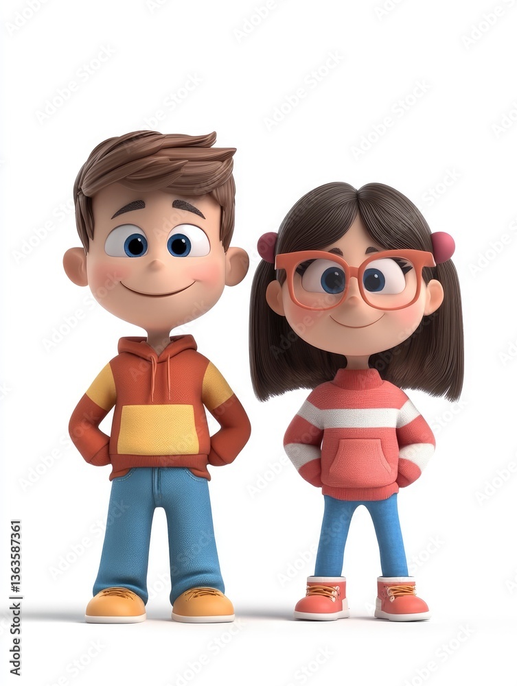 Cartoon Boy and Girl Standing with Happy Smiles on White Background Cartoon Boy and Girl Standing with Happy Smiles on White Background