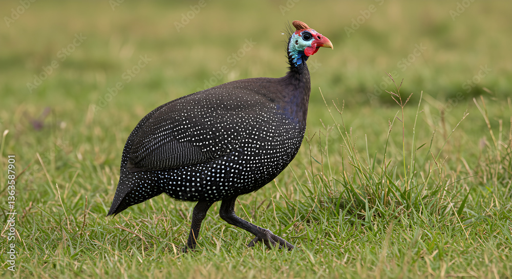 Fototapeta premium Helmeted guineafowl struts confidently across a grassy meadow landscape