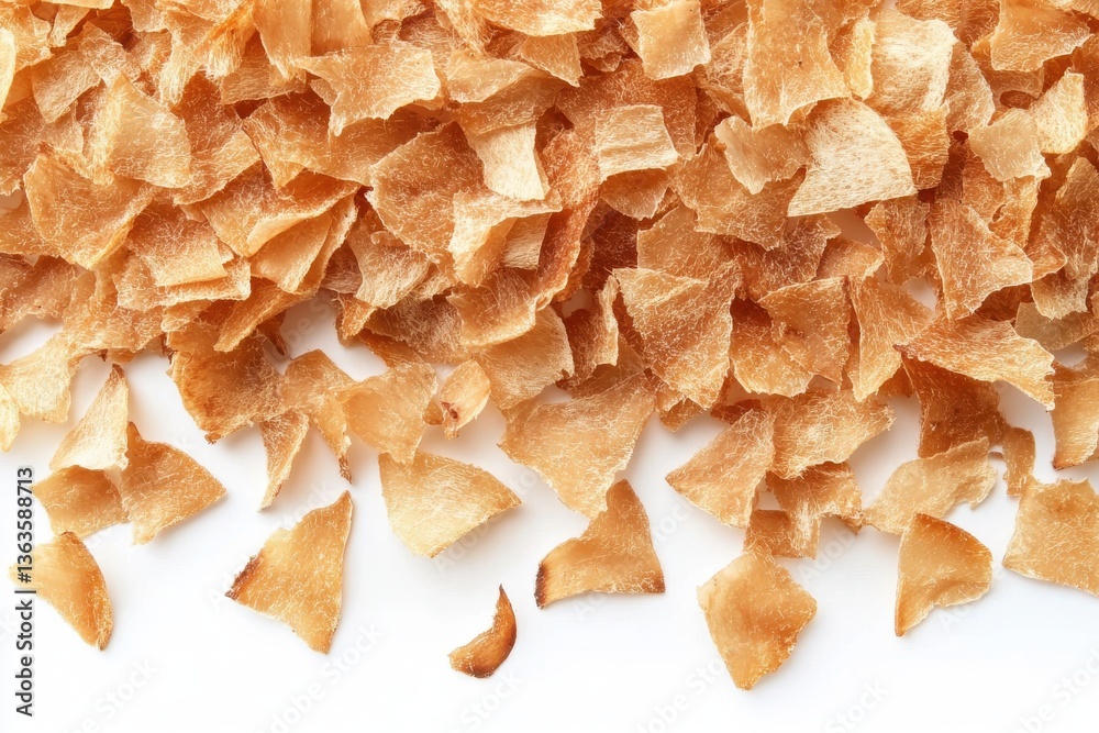 Close up of many light brown translucent flakes scattered on a white surface in a random pattern Close up of many light brown translucent flakes scattered on a white surface in a random pattern