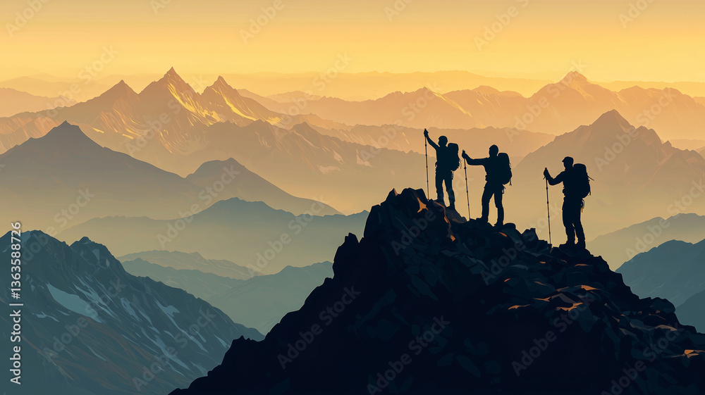 Fototapeta premium Silhouettes of adventurous hikers climbing rugged mountain terrain at sunset