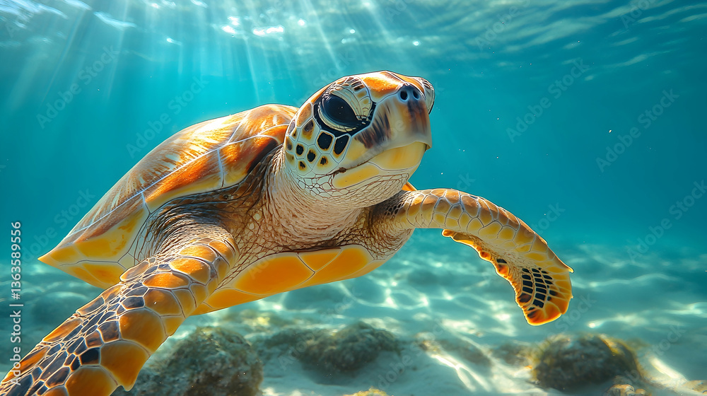 Obraz premium Sea turtle swimming gracefully in clear, blue ocean waters