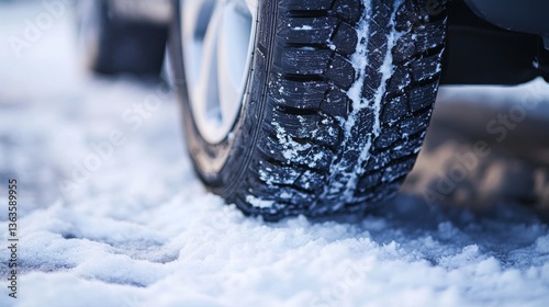 Close-up of a winter tire gripping snow, highlighting the importance of seasonal tire changes.  photo