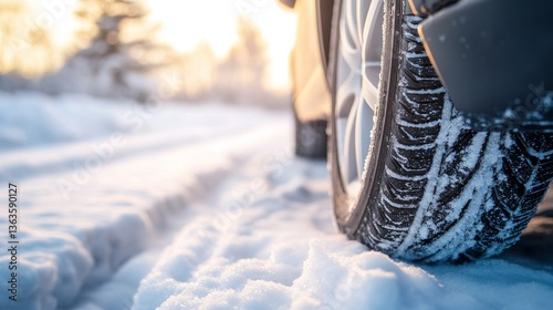 Close-up of a winter tire gripping snow, highlighting the importance of seasonal tire changes.  photo