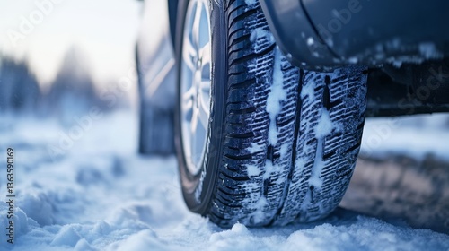 Close-up of a winter tire gripping snow, highlighting the importance of seasonal tire changes.  photo