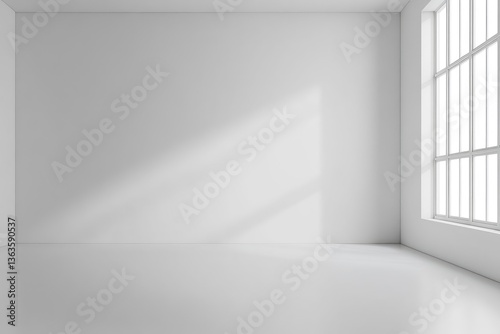 Empty White Room with Light Streaming Through Window for Background