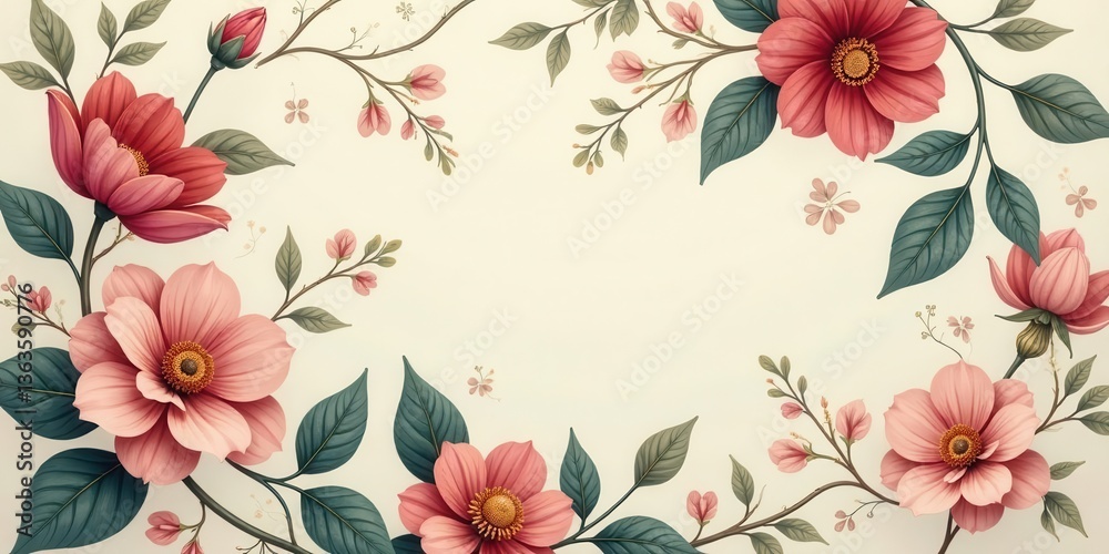 Obraz premium Elegant Floral Border Featuring Delicate Blooms and Lush Greenery, Ideal for Invitations or Decorative Purposes