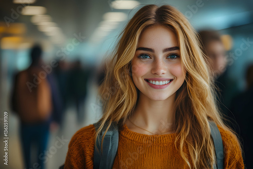 Wallpaper Mural Smiling woman at airport, casual clothing, with backpack and blurred crowd, looking at camera Torontodigital.ca