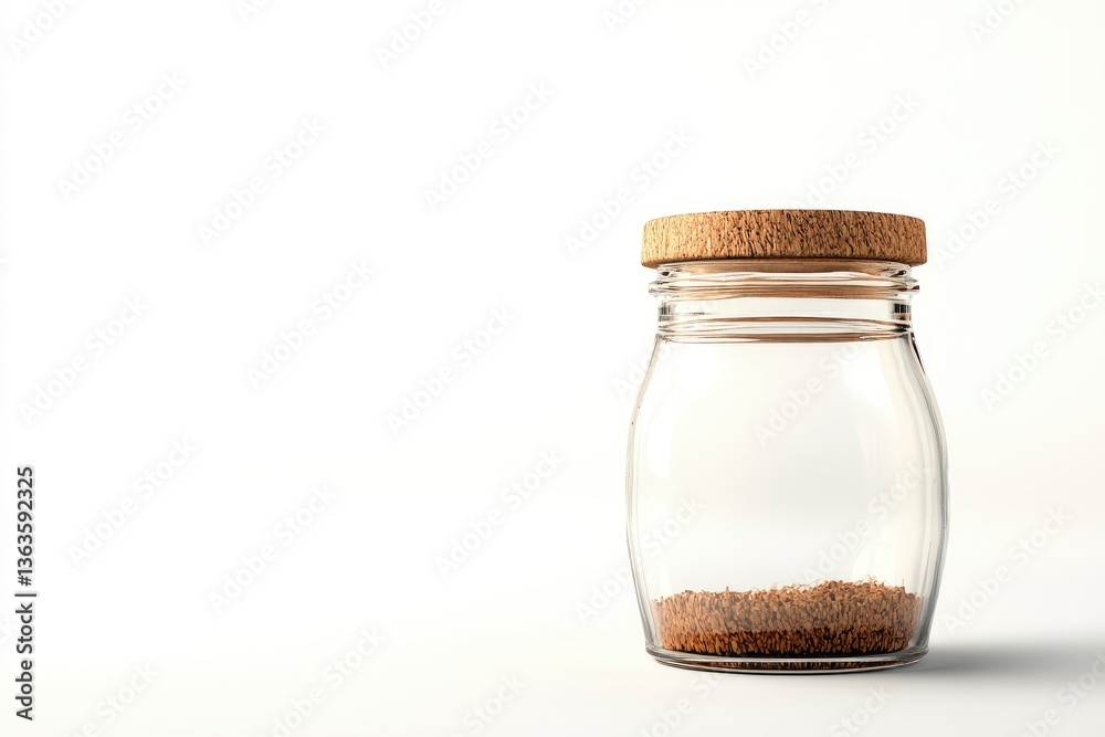 Glass Jar with Cork Lid and Brown Granules on White Background Glass Jar with Cork Lid and Brown Granules on White Background