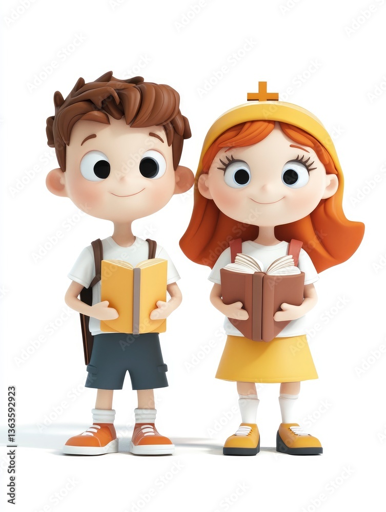 Cartoon School Children Holding Books Ready to Learn and Study Together Cartoon School Children Holding Books Ready to Learn and Study Together
