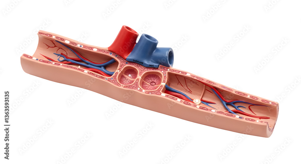 Detailed Anatomical Illustration of Human Blood Vessel Structure Showing Red and Blue Arteries and Veins with Surrounding Tissue and Capillaries Detailed Anatomical Illustration of Human Blood Vessel Structure Showing Red and Blue Arteries and Veins with Surrounding Tissue and Capillaries