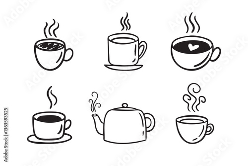 Hand drawn hot drinks set. Doodle coffee cups white background. Coffee, tea, cappuccino, espresso, latte, americano, hot chocolate