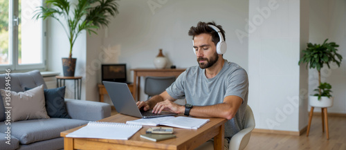 Man Working on Laptop at Table with Headphones On
