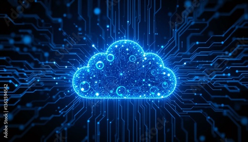 Cloud bleu base données numérique avec connexions et particules, concept stockage et réseau. Technologie vitesse wifi Internet ordinateur.