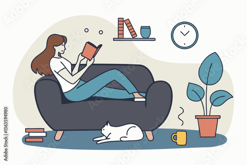 Relaxation lifestyle, comfortable at home or calm, cosy wellbeing or enjoy reading books, positive emotion, chill or reduce anxiety concept, young woman relax reading book while playing with pet.