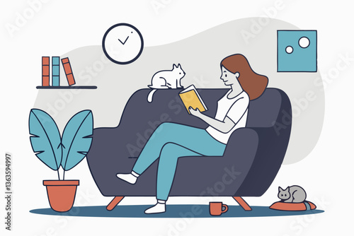 Relaxation lifestyle, comfortable at home or calm, cosy wellbeing or enjoy reading books, positive emotion, chill or reduce anxiety concept, young woman relax reading book while playing with pet.