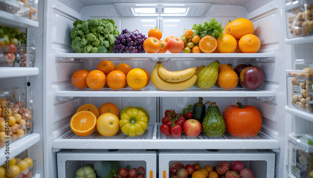 Organized fruits and vegetables in a modern refrigerator Organized fruits and vegetables in a modern refrigerator
