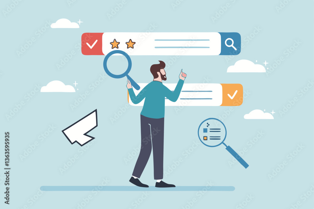 Search or discover new information, find new job or career available, research and analyze information, SEO website optimization, searching concept, businessman search new job on virtual search box.
Search or discover new information, find new job or career available, research and analyze information, SEO website optimization, searching concept, businessman search new job on virtual search box.