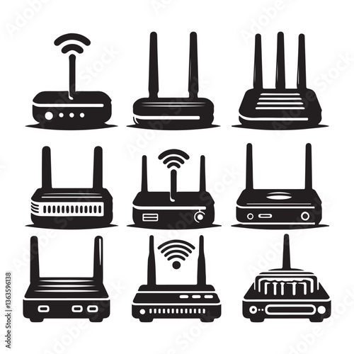 Network Connection Array: A grid of modern Wi-Fi routers, each showcasing a different design and antenna configuration, perfect for illustrating technology and connectivity concepts.