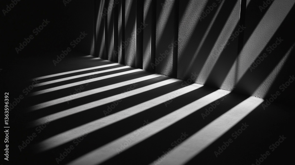 Light and shadow patterns on a wall and floor creating a striped effect in monochrome photography Light and shadow patterns on a wall and floor creating a striped effect in monochrome photography