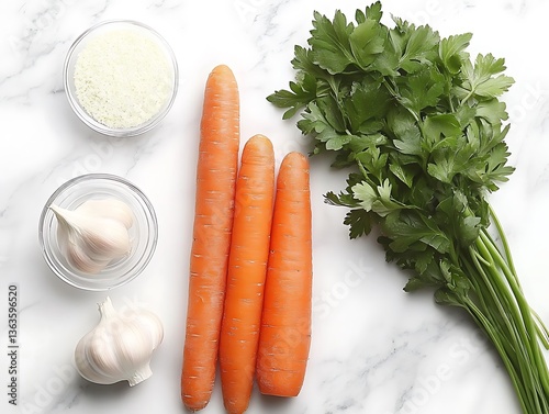 Fresh vegetables and herbs arranged on a marbled surface