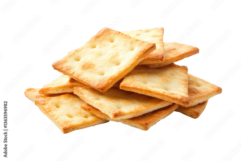 Close-up of crunchy square crackers with light brown edges on black background, cut out Close-up of crunchy square crackers with light brown edges on black background, cut out
