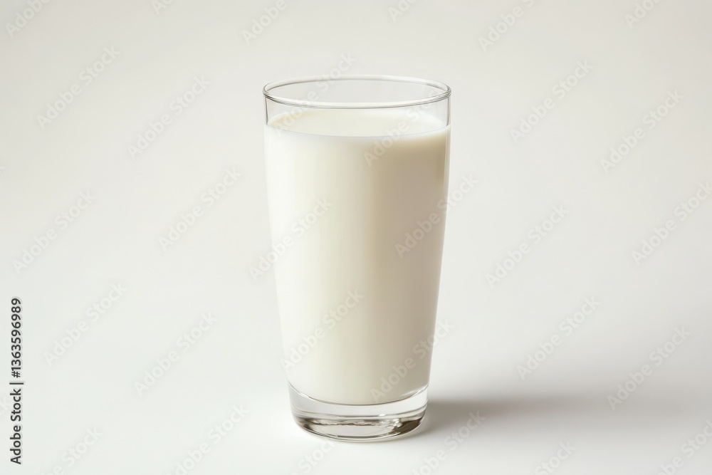 A clear glass filled with white milk sits on a white background in a studio setting isolated shot A clear glass filled with white milk sits on a white background in a studio setting isolated shot