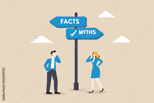 Fact vs Myth, truth or false information to make decision, belief or fiction to choose to believe, trustworthy, fraud or wrong direction concept, business people at Facts vs Myths directional sign.