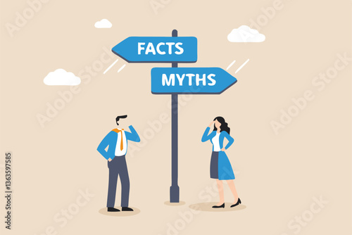 Fact vs Myth, truth or false information to make decision, belief or fiction to choose to believe, trustworthy, fraud or wrong direction concept, business people at Facts vs Myths directional sign.
