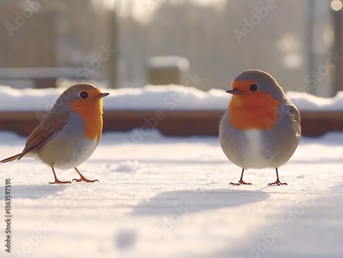 Two small birds with orange chests standing on white snow