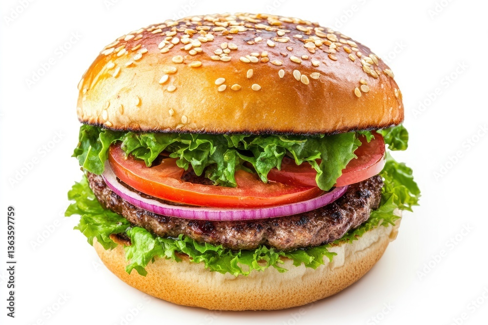 Juicy Hamburger with Fresh Toppings on a Sesame Seed Bun Juicy Hamburger with Fresh Toppings on a Sesame Seed Bun