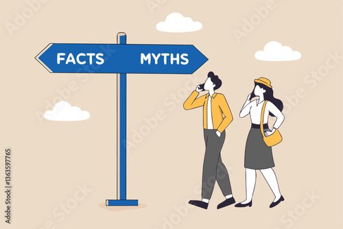 Fact vs Myth, truth or false information to make decision, belief or fiction to choose to believe, trustworthy, fraud or wrong direction concept, business people at Facts vs Myths directional sign.