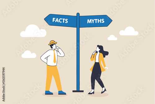 Fact vs Myth, truth or false information to make decision, belief or fiction to choose to believe, trustworthy, fraud or wrong direction concept, business people at Facts vs Myths directional sign.