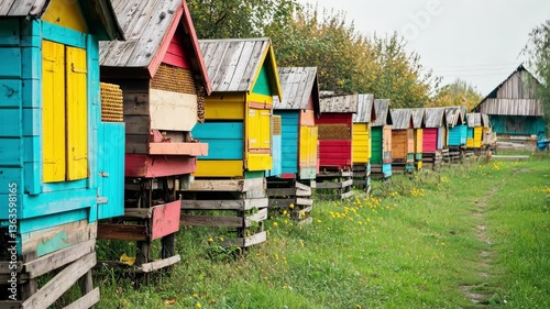 Colorful beehives line a vibrant pathway in a lush green landscape showcasing nature's harmony and human ingenuity