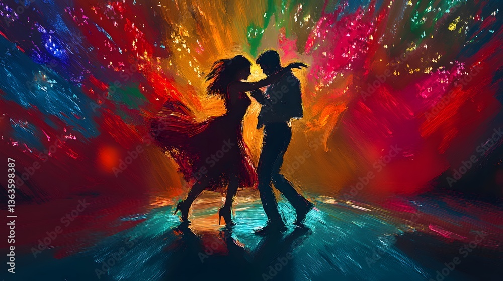 Naklejka premium Couple dances passionately in a vibrant swirl of colors during an evening celebration