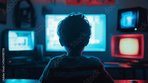 Silhouette of a child watching multiple screens unprotected child online concept in cold blue and red lighting