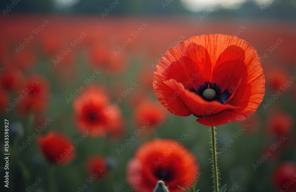 Obraz premium Red poppy flower, symbol of Remembrance Day. Blossoming poppy field. Memorial Day, Armistice, veteran, war, peace concept. Symbol of remembrance, freedom. Wildflowers bloom in summer.