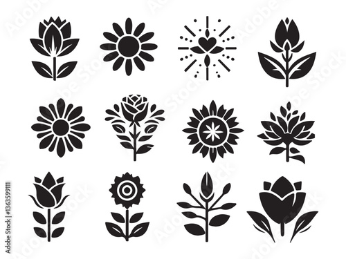 Floral Silhouette Symphony: A collection of elegant floral silhouettes, each a unique expression of nature's beauty, rendered in stark black and white contrast