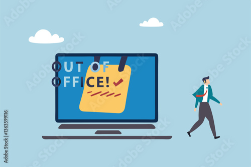 Out of office notice message, vacation or holiday leave sticky on laptop, note or summer break announcement, email notification concept, businessman leave out of office message on computer laptop.