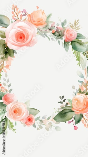 Watercolor flower frame Rose Eucalyptus. Template wedding invitation card. Rose metallic frame.