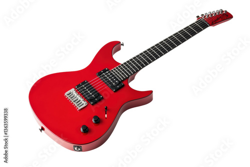 Red electric guitar with black pickups and maple neck, cut out