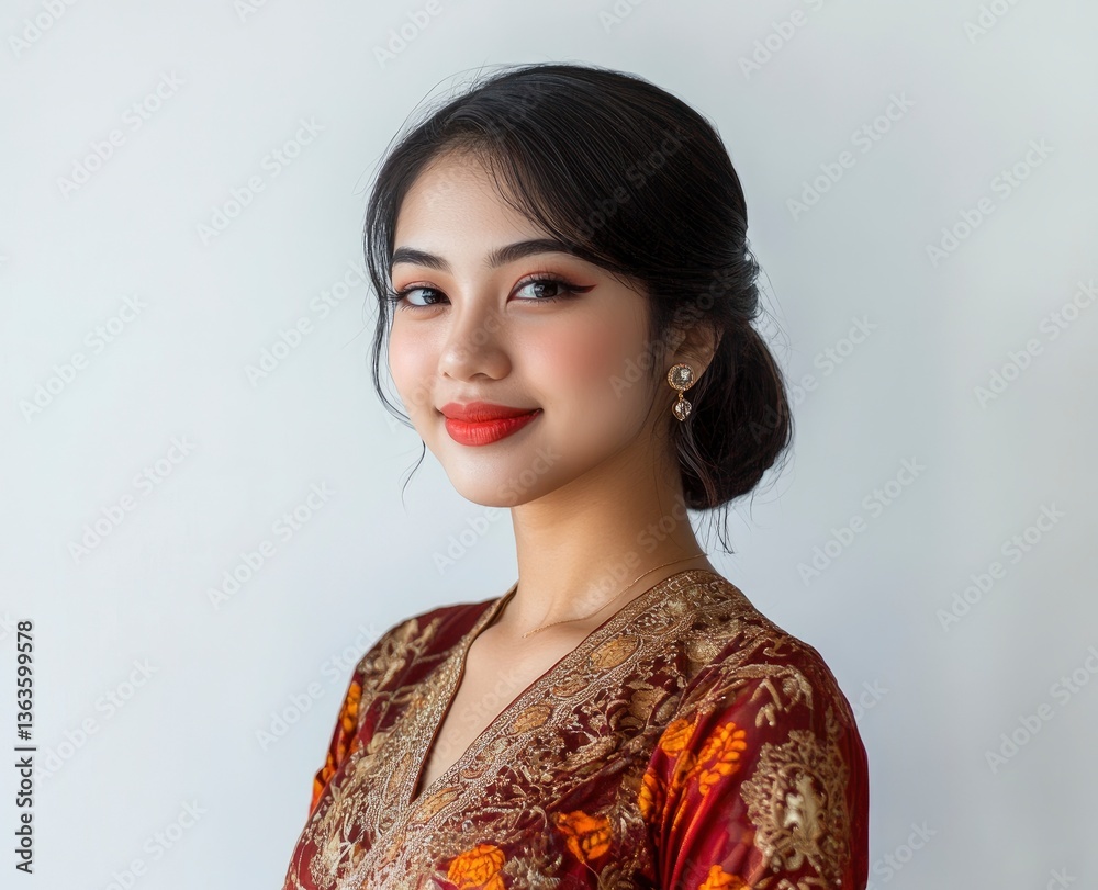 Smiling Asian Woman in Traditional Dress Portrait Against White Background Smiling Asian Woman in Traditional Dress Portrait Against White Background