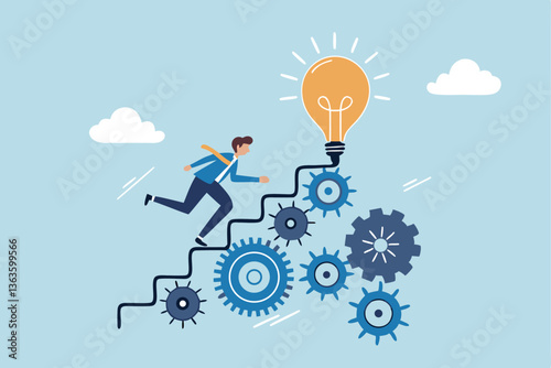 Best practices development, strategy to success or improvement, planning, progress or implementation process, efficiency or productivity concept, businessman running up stair on cogwheel gears system.
