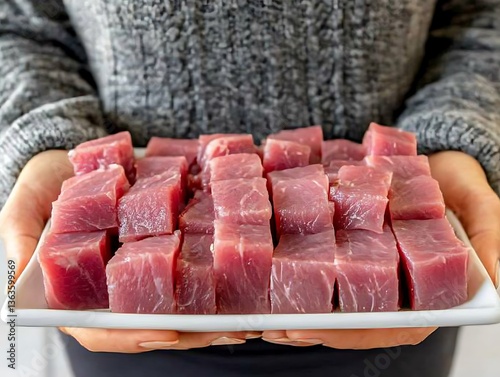 A person holding a white plate with cubed raw meat