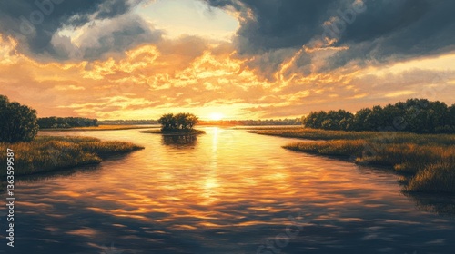 Golden Hour River Serenity: Landscape with Island, Marsh Grass, and Dramatic Clouds