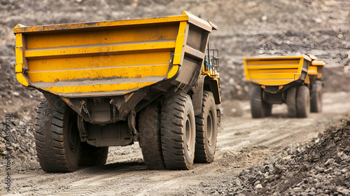 Massive mining dump trucks hauling materials in an open-pit mine site