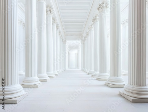 White background, bright and clean scene, long corridor with white columns on both sides, symmetrical composition 