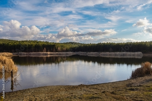Very beautiful lake view in nature. Reflection of trees and sky in the lake.