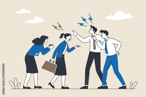 Dispute, conflict or arguing office colleagues, disagreement problem, work challenge, argument, fighting discussion, stress or anxiety, violence concept, business people arguing in work disagreement.