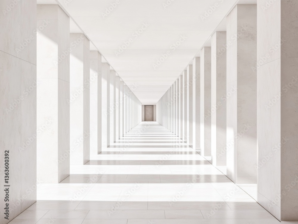 Fototapeta premium White Corridor with Symmetrical Pillars – Bright and Modern Architectural Background