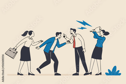 Dispute, conflict or arguing office colleagues, disagreement problem, work challenge, argument, fighting discussion, stress or anxiety, violence concept, business people arguing in work disagreement.